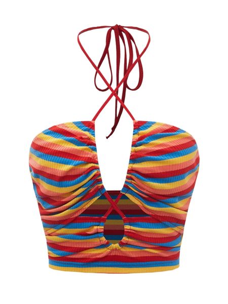

rainbow striped crisscross tie backless halter c9bj#, White