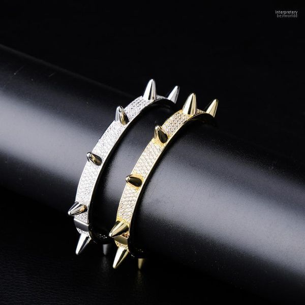 Bracciale ghiacciato Cubic Zirconia Rivetto Spike Polsino aperto Donna Colore oro CZ Bracciale Uomo Hip Hop Bling Rapper Gioielli Inte22