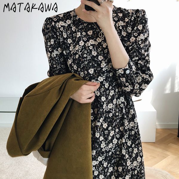 

print floral puff sleeve womens dress vintage long oneck vestidos autumn slim chiffon femme robe 210506, Black;gray