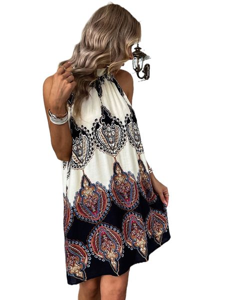 

graphic tie back halter dress o6wz#, Black;gray