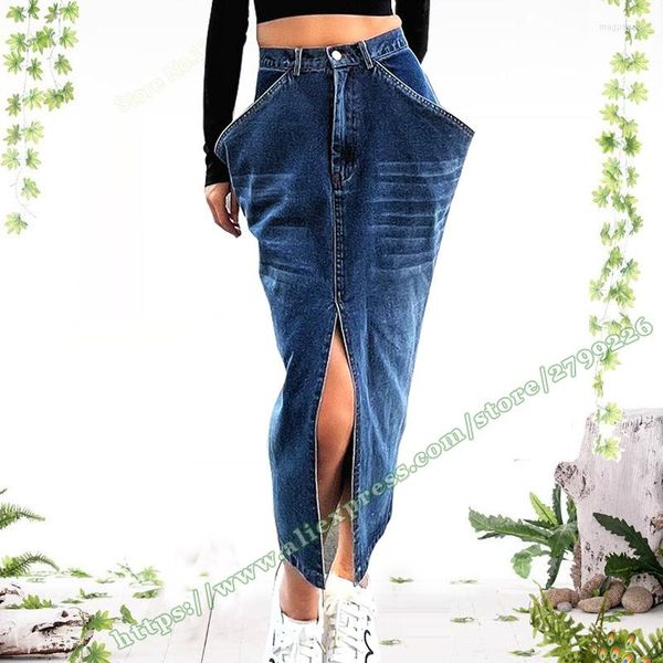 Saias de verão feminino Fashion sexy Big bolso de bolso jeapi lápis máximo jeans jeans Mulher Roupas Sainhas