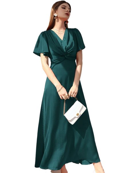 

twist front butterfly sleeve a-line dress e3ez#, Black;gray