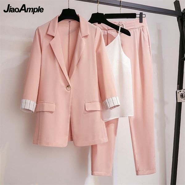 

autumn suit jacket suspender pants threepiece womens casual blazers trousers set korean fashion elegant clothes suit 220722, White