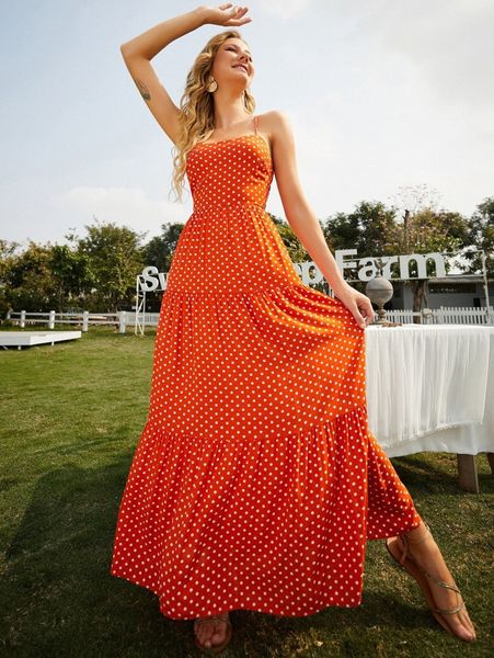 

sbetro crisscross tied backless ruffle hem polka dot cami dress m9ha#, Black;gray