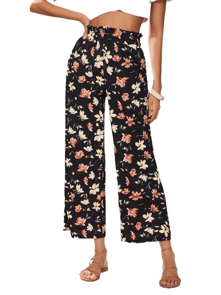 

allover floral print paper bag waist pants s6of#, Black;white