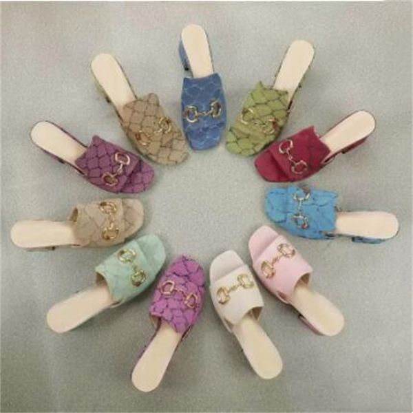 

summer beach slipper fashion 100% leather metal buckle designer women shoes cowhide white black thick heel sandals lady letter half high hee