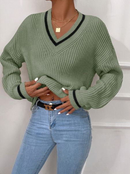 

striped trim drop shoulder cricket sweater u2fe#, White;black