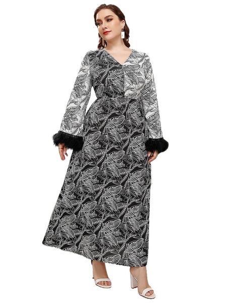 

plus tropical print v-neck fuzzy cuff dress q10z#, Black