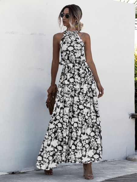 

halter belted ruffle hem floral dress a9fo#, Black;gray