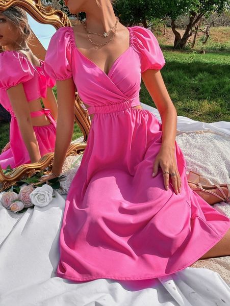 

cut out waist puff sleeve dress r8yk#, Black;gray