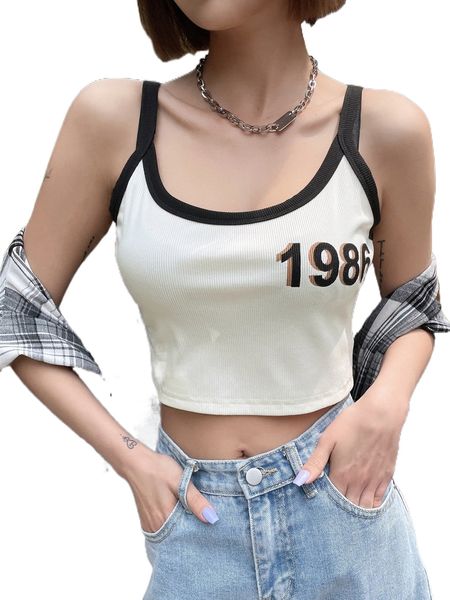

dazy letter graphic contrast binding crop cami l9n3#, White