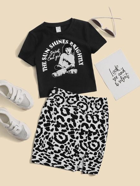

girls figure & slogan graphic tee & leopard print skirt she, White