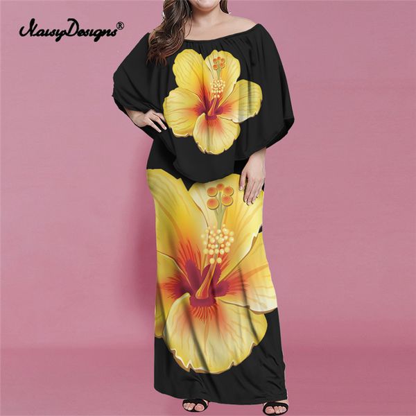 Noisydesigns Gold Hibiscus Floral Print Dame Maxi Party Kleid Frauen Sexy Off Schulter Rüschen Boho Strand Sommer Schwarz Vestidos 220627