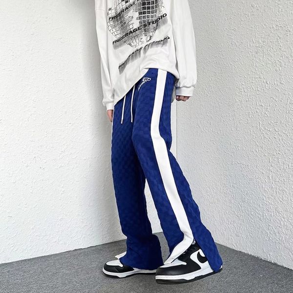 

fashion patchwork blue men casual baggy tracksuit pants joggers waffle lattice drawstring sweatpants male y2k trousers 220621, Black
