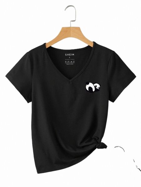

panda print v neck tee q19j#, White