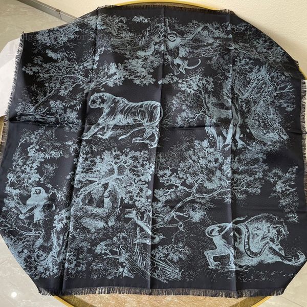 

dark blue animal pattern scarf luxurious woman new style designer scarves women's hemming 100% silk scarfs 90x90cm tassels, Blue;gray