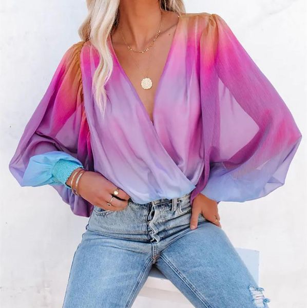 

shirts women blouses & rainbow colorful chiffon t-shirt for women v neck long sleeve 2022 aa, White