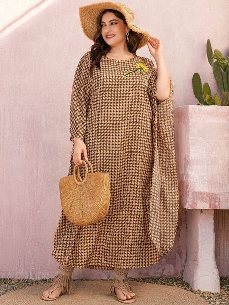 

plus houndstooth appliques batwing sleeve tunic dress 75p9#, Black