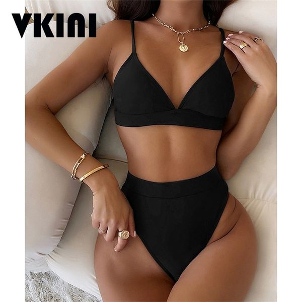 

push up bikini high waist swimsuit women summer solid swimwear felame thong bathing suit bandage swimming 2 pieces set 220621, White;black