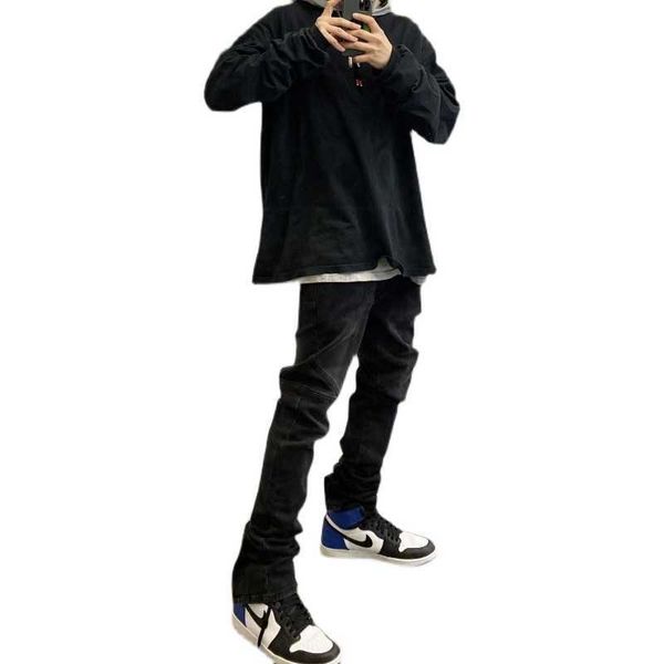 

men's jeans self 91yxng identical wooyoungmi style washed black stitched jeans elastic versatile pants, Blue