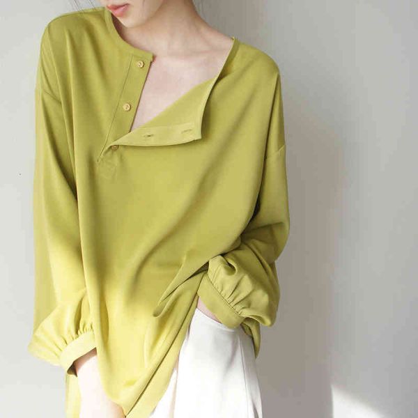 

women's blouses & shirts spring avocado green oblique placket long sleeve asymmetric pullover shirt loose lazy white female skin 22ss 8