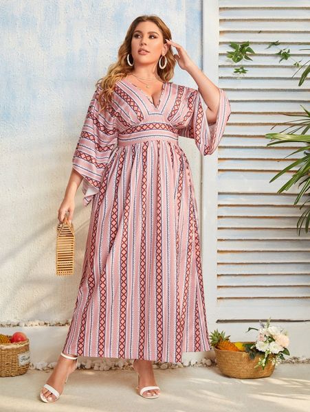 

plus batwing sleeve geo print dress 96rj#, Black