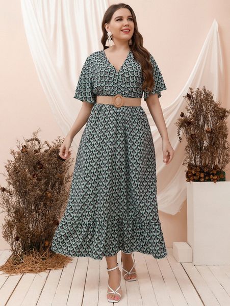 

plus allover print surplice neck dress without belt x3ow#, Black