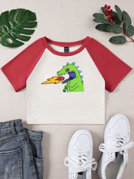 

dinosaur print colorblock crop tee j5q2#, White