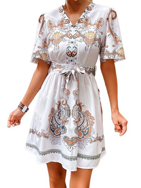 

paisley print puff sleeve belted dress j5jx#, Black;gray