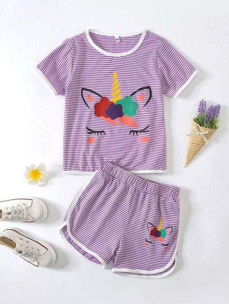 

toddler girls cartoon & striped tee & shorts she01, White