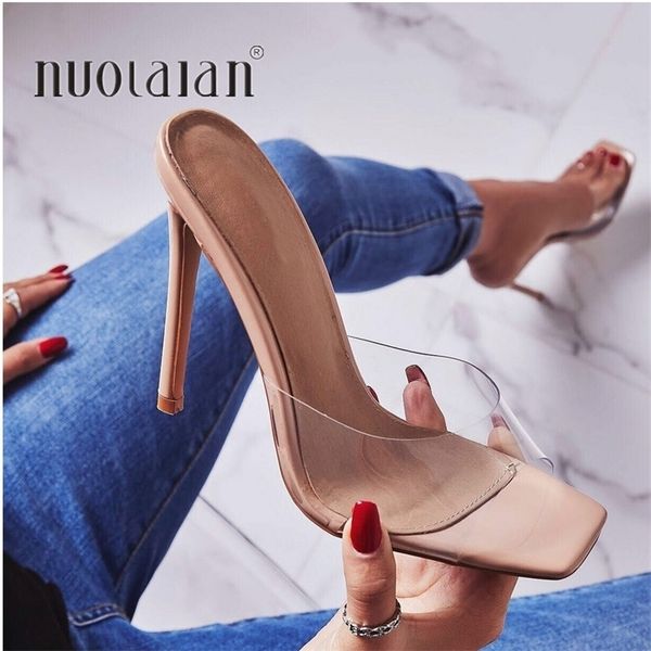

summer pumps pvc slippers sandals shoes women thin high heels open toe sandal lady pump shoes mules size 3542 210306, Black