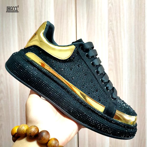 

sponge shoes men's new versatile boots lacing thick sole shoes fashion personality rhinestones a97, Black