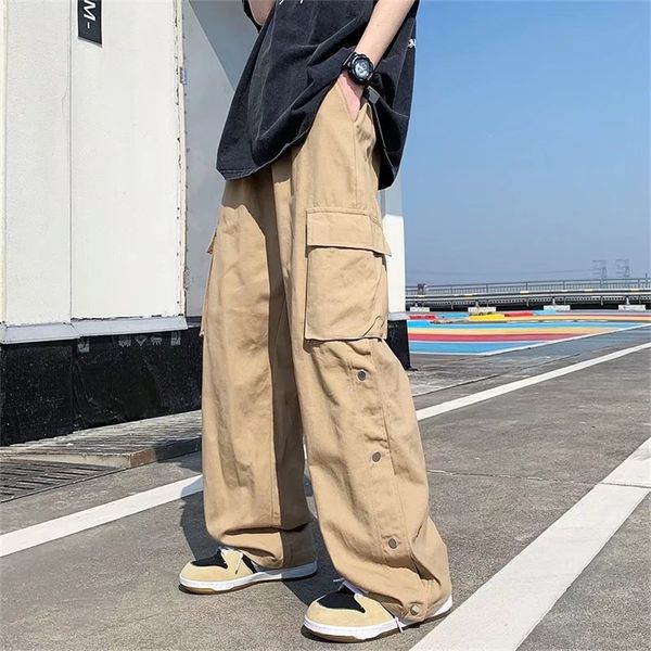 

cotton cargo harajuku style straight casual pants for men solid big pockets loose wide leg design trousers 220809, Black
