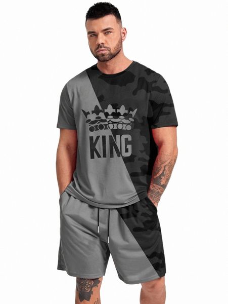 

extended sizes men letter graphic colorblock tee & shorts c3a0#, Gray