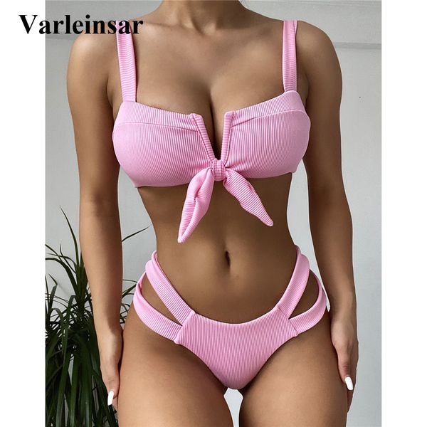 

2022 v shaped ribbed knotted bikini women swimwear female swimsuit two-pieces bikini set bather bathing suit swim v2970, White;black