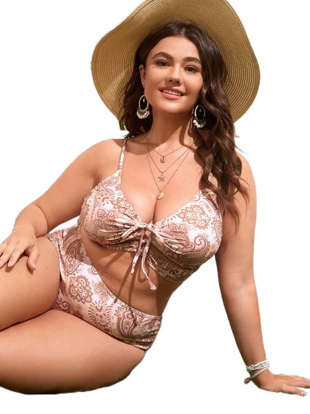 

plus paisley & floral print tie front bikini swimsuit l7gm#, White;black
