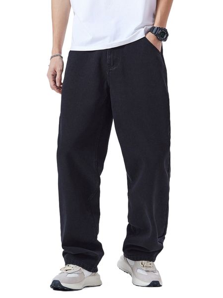 

men slant pocket straight leg jeans 33m5#, Blue