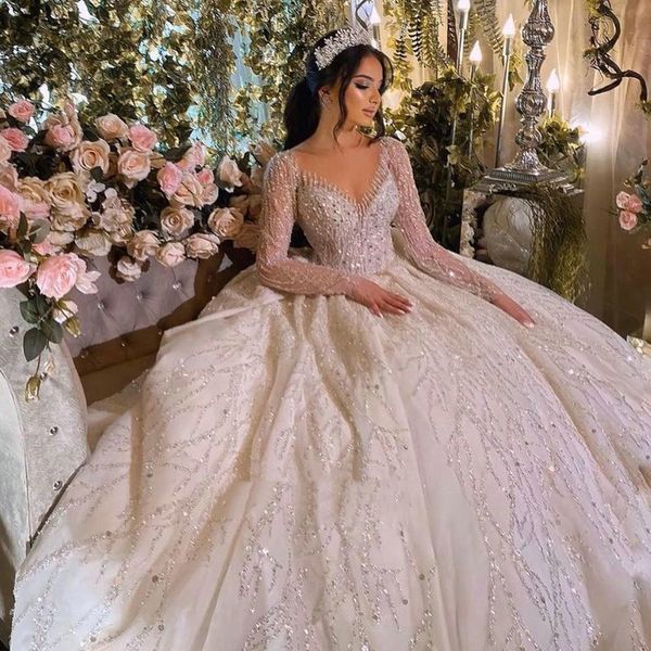 

champagne ball gown wedding dresses appliques v neck long sleeves appliques sequins beads lace ruffles floor length shiny princess bridal go, White