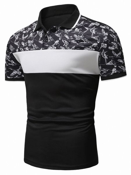 

men bird print color block striped trim polo shirt n0o3#, White;black