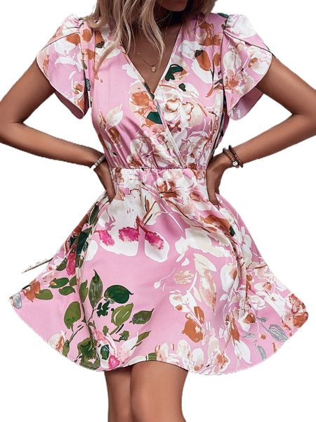 

floral print petal sleeve a-line dress q3j7#, Black;gray