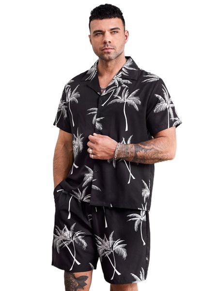 

extended sizes men palm tree print shirt & drawstring waist shorts i6h8#, Gray