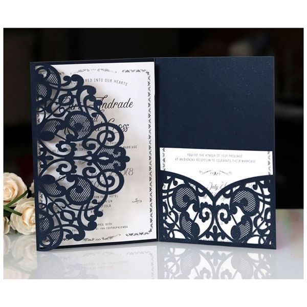 1 Stücke Blau Weiß Elegante Laser Cut Hochzeitseinladungskarten Gruß Anpassen Geschäft Mit RSVP Dekor Party Supplies 220711