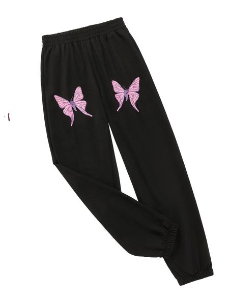

butterfly print elastic waist sweatpants j2wt#, Black;white