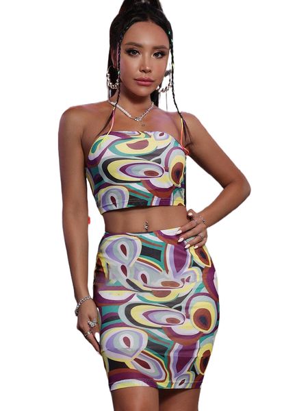 

allover print crop tube & bodycon skirt p6at#, White