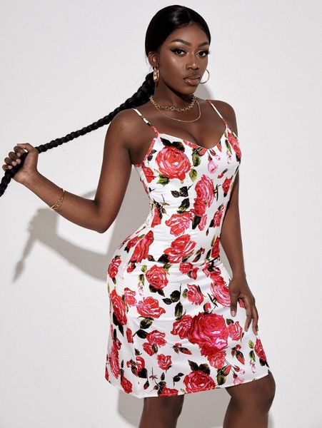 

sxy floral print ruched satin cami dress 64vb#, Black;gray