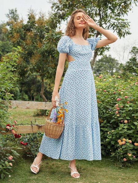 

square neck cut out waist star print dress a9i9#, Black;gray