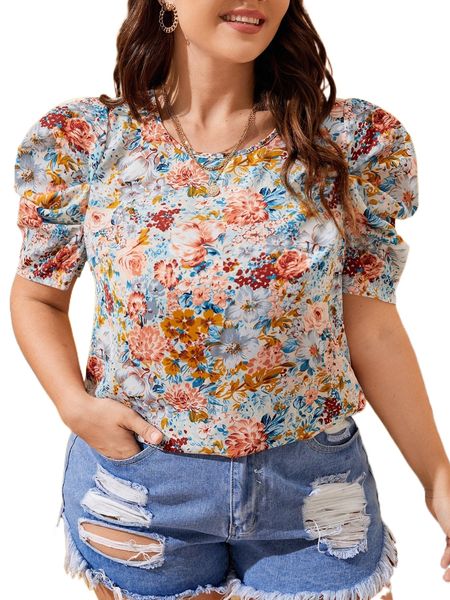 

plus allover floral print puff sleeve blouse s2is#, Black
