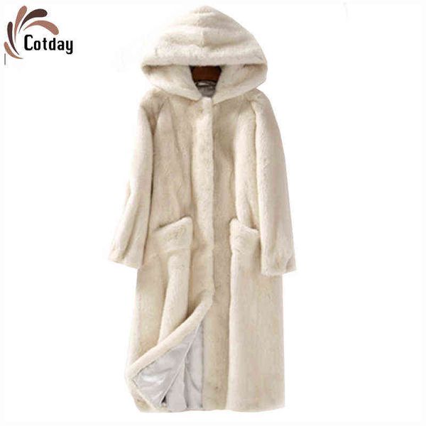 Cotday Faux Pelz Umlegekragen Lang Mit Kapuze Pelz Plus Größe Korea High-end-Verkauf Winter Warme Frauen Pelz oberbekleidung Mantel T220810