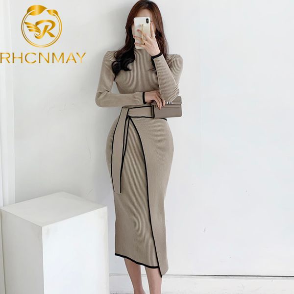 

woman dress with belt vintage patchwork slim knitted midi es women autumn winter elegant sweater knit vestidos 220521, Black;gray