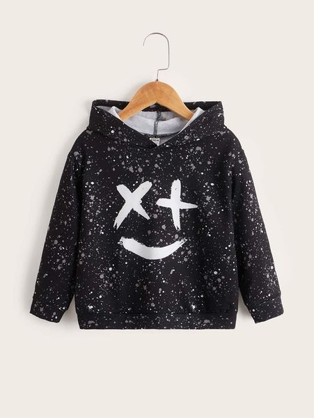 

toddler boys splash ink & cartoon face print hoodie she, Black